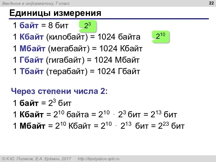 Единицы измерения 1 байт = 8 бит 1 Кбайт (килобайт)