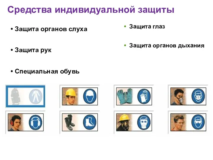 Средства индивидуальной защиты Защита органов слуха Защита рук Специальная обувь Защита глаз Защита органов дыхания