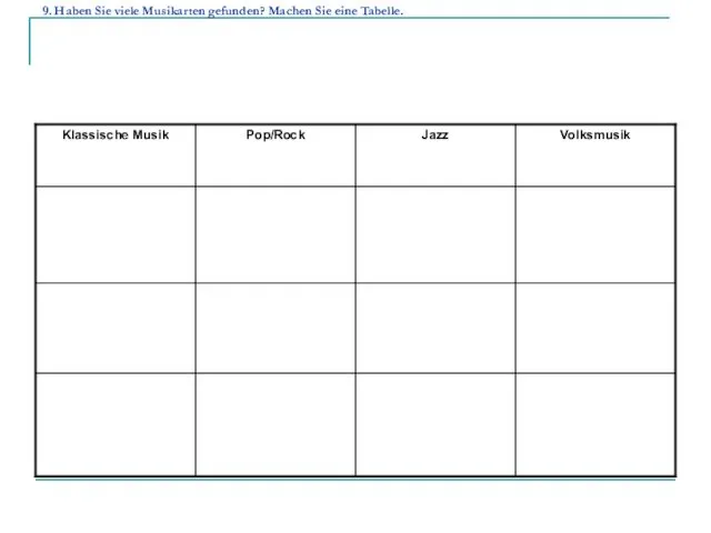 9. Haben Sie viele Musikarten gefunden? Machen Sie eine Tabelle.