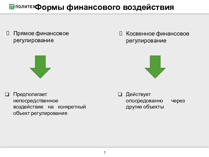 Прямое финансовое регулирование Формы финансового воздействия Предполагает непосредственное воздействие на