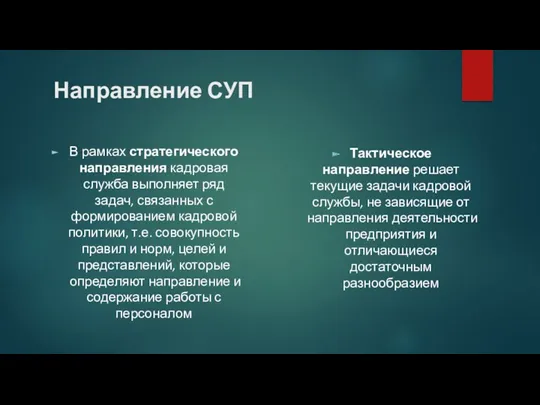 Направление СУП В рамках стратегического направления кадровая служба выполняет ряд