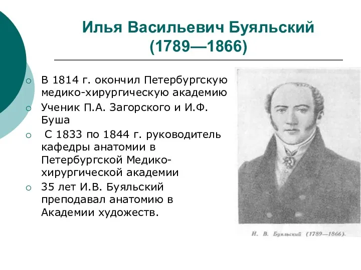 Илья Васильевич Буяльский (1789—1866) В 1814 г. окончил Петербургскую медико-хирургическую