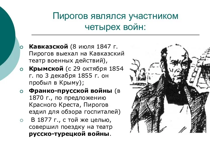 Пирогов являлся участником четырех войн: Кавказской (8 июля 1847 г.