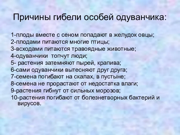 Причины гибели особей одуванчика: 1-плоды вместе с сеном попадают в