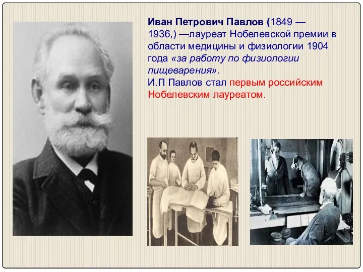 Иван Петрович Павлов (1849 — 1936,) —лауреат Нобелевской премии в области медицины и