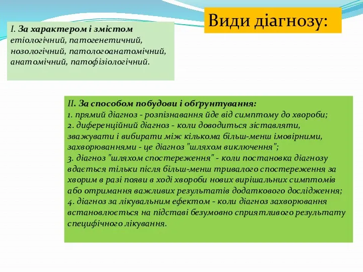 I. За характером і змістом етіологічний, патогенетичний, нозологічний, патологоанатомічний, анатомічний,