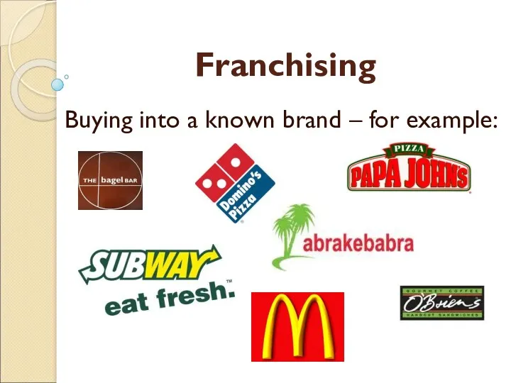 Franchising Buying into a known brand – for example: