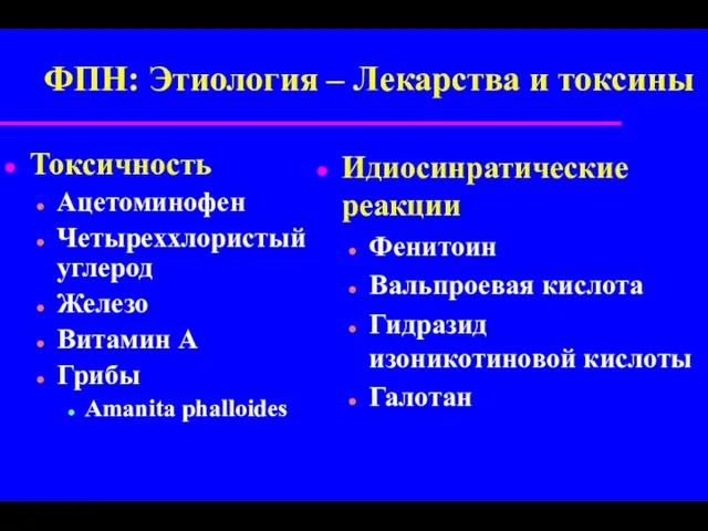 ФПН: Этиология – Лекарства и токсины Токсичность Ацетоминофен Четыреххлористый углерод