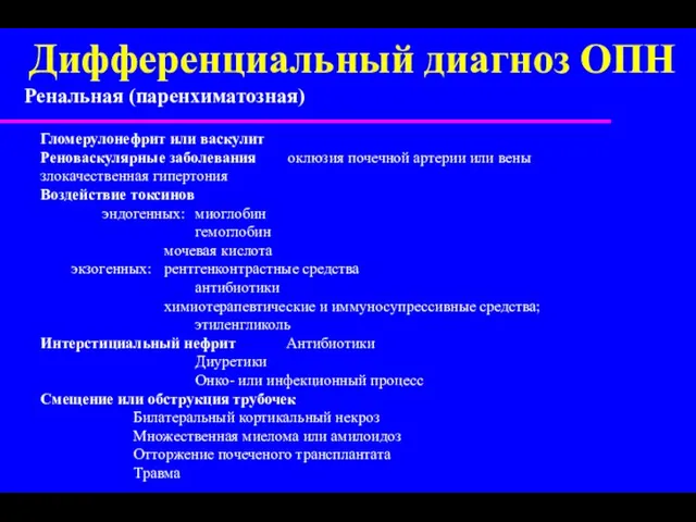 Ренальная (паренхиматозная) Гломерулонефрит или васкулит Реноваскулярные заболевания оклюзия почечной артерии