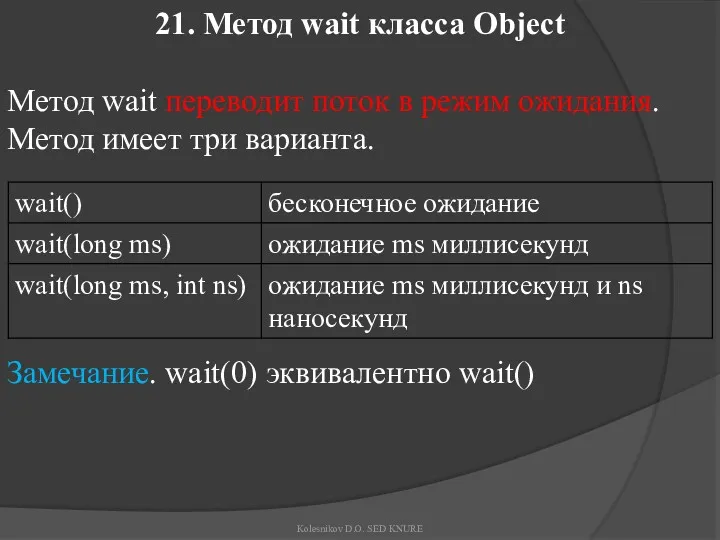 21. Метод wait класса Object Метод wait переводит поток в