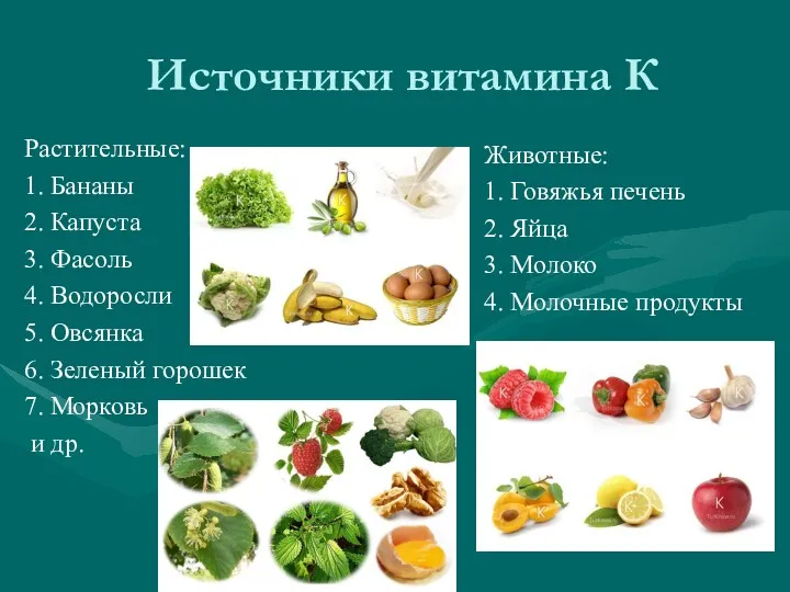 Источники витамина К Растительные: 1. Бананы 2. Капуста 3. Фасоль 4. Водоросли 5.