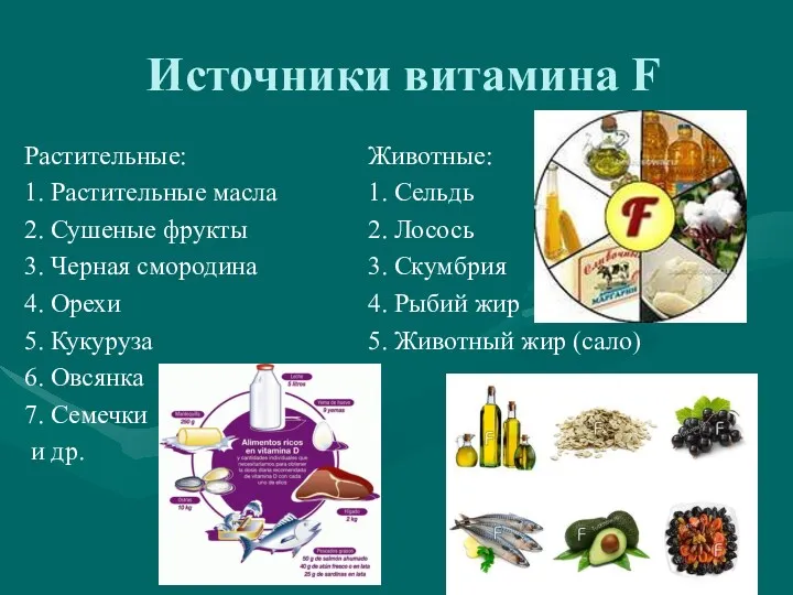 Источники витамина F Растительные: 1. Растительные масла 2. Сушеные фрукты