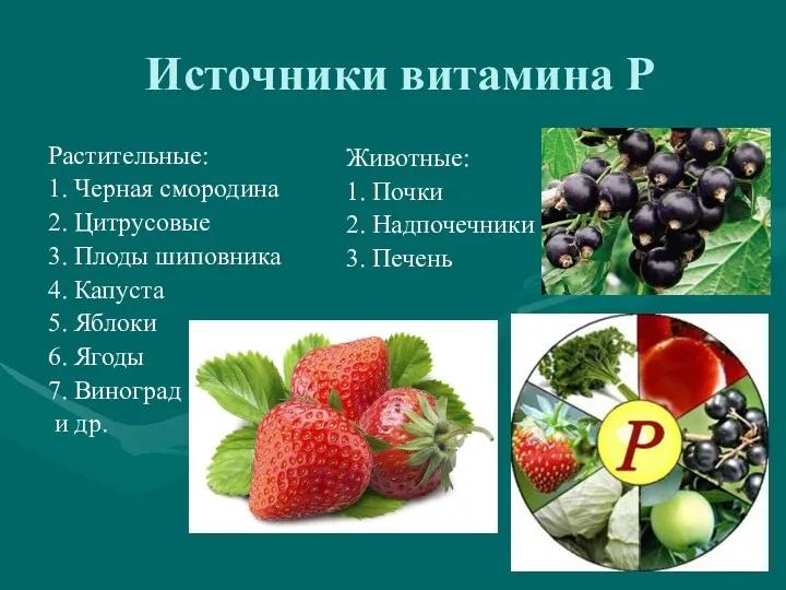 Источники витамина Р Растительные: 1. Черная смородина 2. Цитрусовые 3.