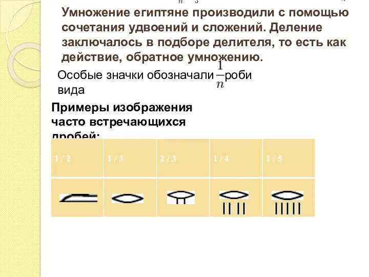 Умножение египтяне производили с помощью сочетания удвоений и сложений. Деление