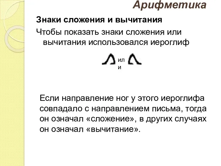 Арифметика Знаки сложения и вычитания Чтобы показать знаки сложения или