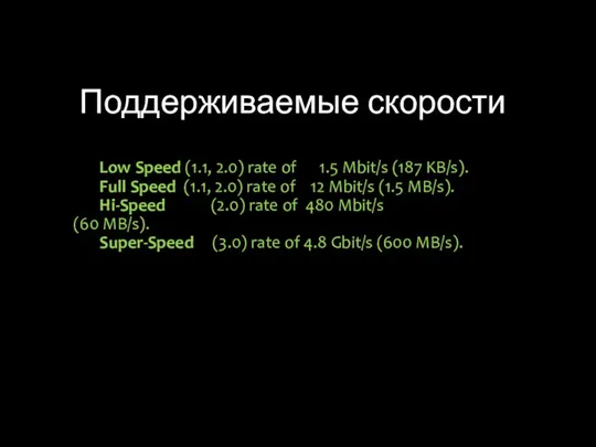 Поддерживаемые скорости Low Speed (1.1, 2.0) rate of 1.5 Mbit/s