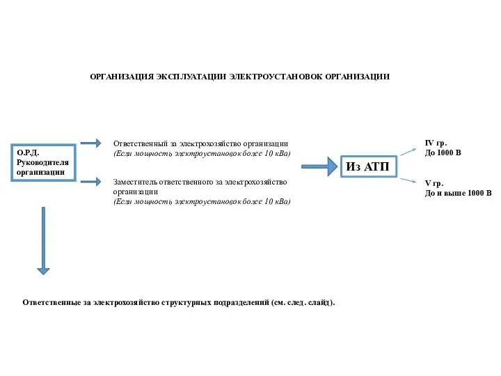 ОРГАНИЗАЦИЯ ЭКСПЛУАТАЦИИ ЭЛЕКТРОУСТАНОВОК ОРГАНИЗАЦИИ О.Р.Д. Руководителя организации Ответственный за электрохозяйство