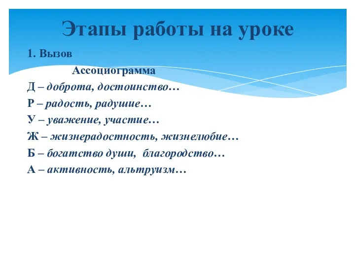 1. Вызов Ассоциограмма Д – доброта, достоинство… Р – радость,