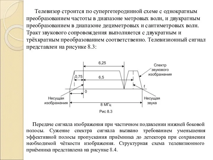 Телевизор строится по супергетеродинной схеме с однократным преобразованием частоты в диапазоне метровых волн,