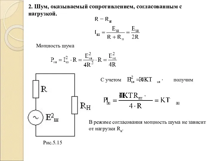 2. Шум, оказываемый сопротивлением, согласованным с нагрузкой. Мощность шума Рис.5.15