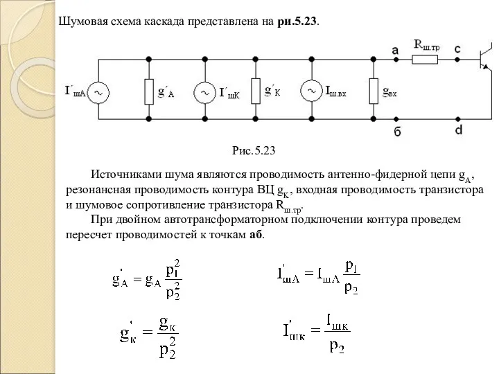 Шумовая схема каскада представлена на ри.5.23. Источниками шума являются проводимость