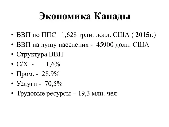 Экономика Канады ВВП по ППС 1,628 трлн. долл. США (