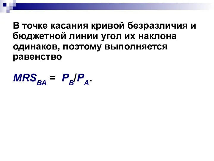 В точке касания кривой безразличия и бюджетной линии угол их