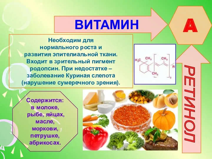 ВИТАМИН A РЕТИНОЛ Необходим для нормального роста и развития эпителиальной