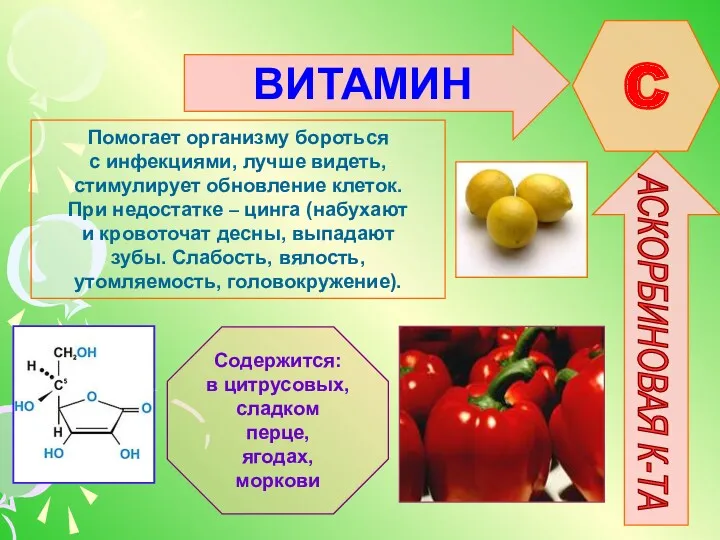 ВИТАМИН C АСКОРБИНОВАЯ К-ТА Помогает организму бороться с инфекциями, лучше