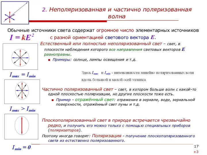 2. Неполяризованная и частично поляризованная волна Обычные источники света содержат