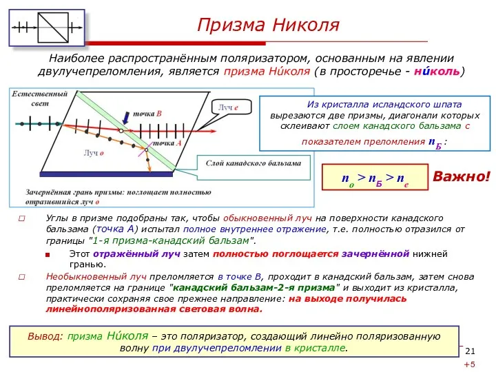 Призма Николя Углы в призме подобраны так, чтобы обыкновенный луч