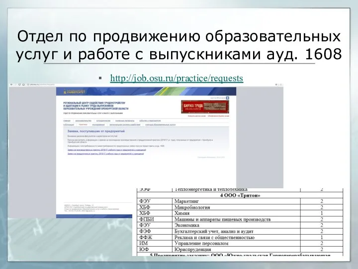 Отдел по продвижению образовательных услуг и работе с выпускниками ауд. 1608 http://job.osu.ru/practice/requests
