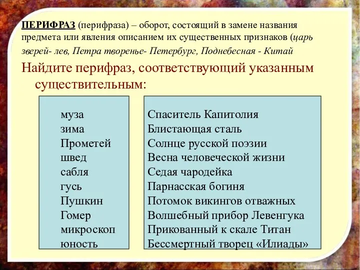 ПЕРИФРАЗ (перифраза) – оборот, состоящий в замене названия предмета или