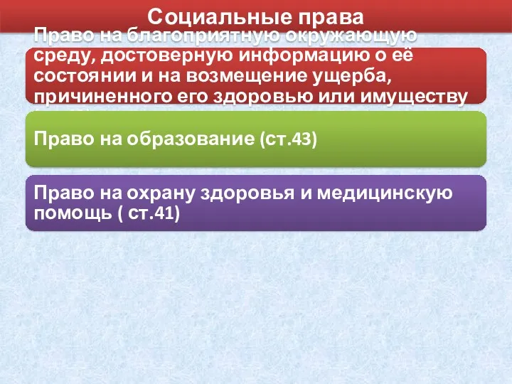 Социальные права Право на благоприятную окружающую среду, достоверную информацию о