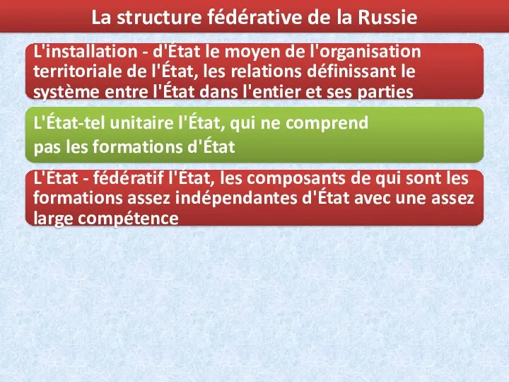 La structure fédérative de la Russie L'installation - d'État le
