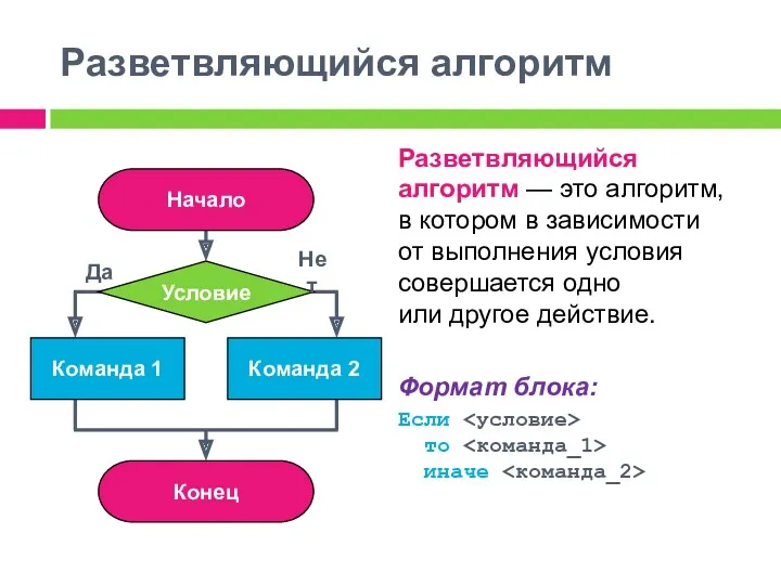 Разветвляющийся алгоритм Разветвляющийся алгоритм — это алгоритм, в котором в