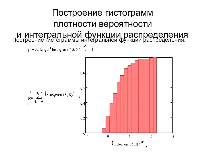 Построение гистограмм плотности вероятности и интегральной функции распределения Построение гистограммы интегральной функции распределения: