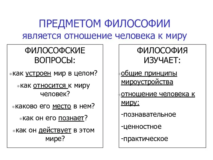 ПРЕДМЕТОМ ФИЛОСОФИИ является отношение человека к миру ФИЛОСОФСКИЕ ВОПРОСЫ: как