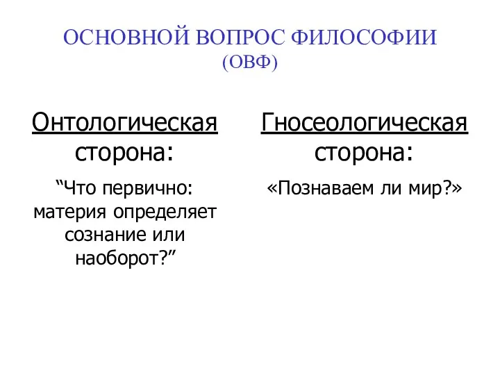 ОСНОВНОЙ ВОПРОС ФИЛОСОФИИ (ОВФ) Онтологическая сторона: “Что первично: материя определяет