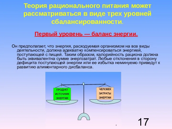 Теория рационального питания может рассматриваться в виде трех уровней сбалансированности.