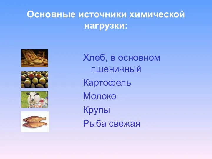 Основные источники химической нагрузки: Хлеб, в основном пшеничный Картофель Молоко Крупы Рыба свежая