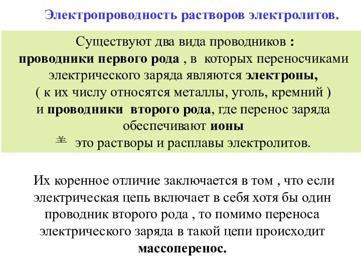 Электропроводность растворов электролитов. Cуществуют два вида проводников : проводники первого