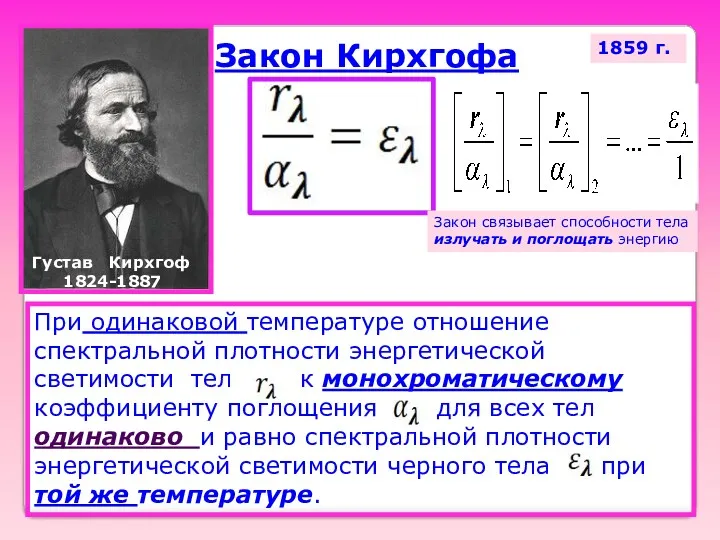 Закон Кирхгофа Густав Кирхгоф 1824-1887 При одинаковой температуре отношение спектральной