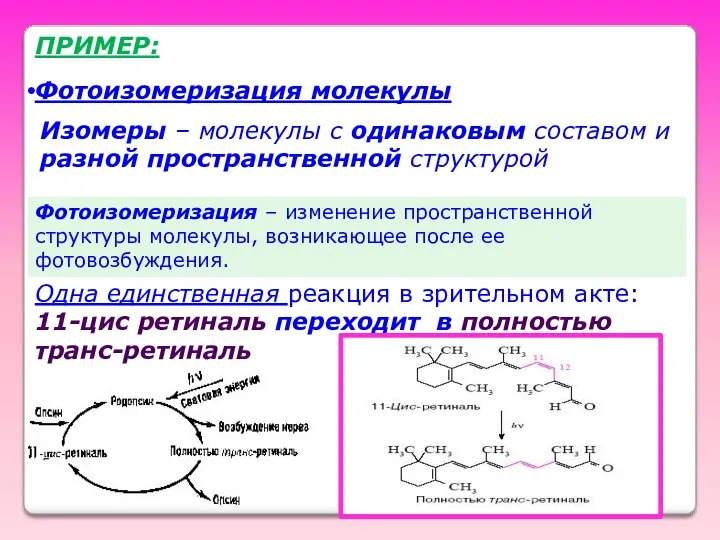 ПРИМЕР: Фотоизомеризация молекулы Изомеры – молекулы с одинаковым составом и