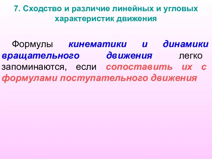 7. Сходство и различие линейных и угловых характеристик движения Формулы