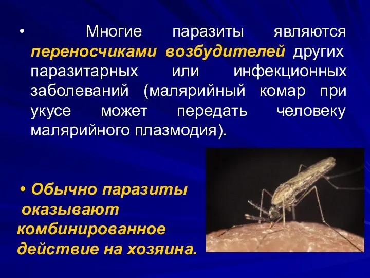 Многие паразиты являются переносчиками возбудителей других паразитарных или инфекционных заболеваний (малярийный комар при