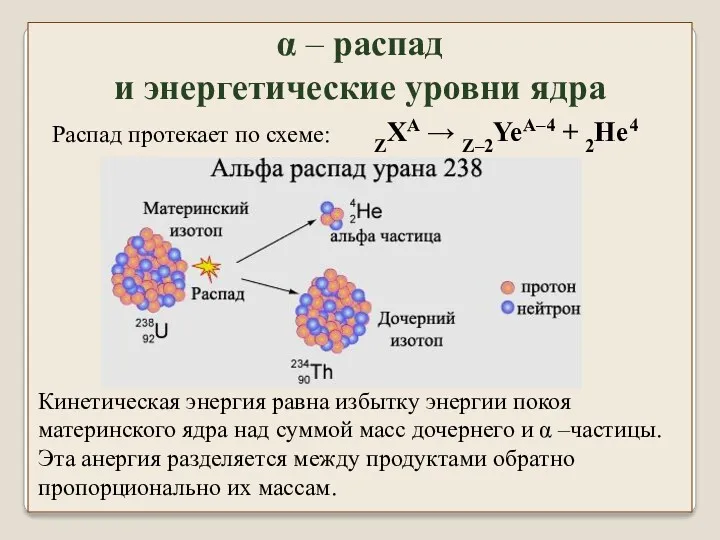 α – распад и энергетические уровни ядра Распад протекает по