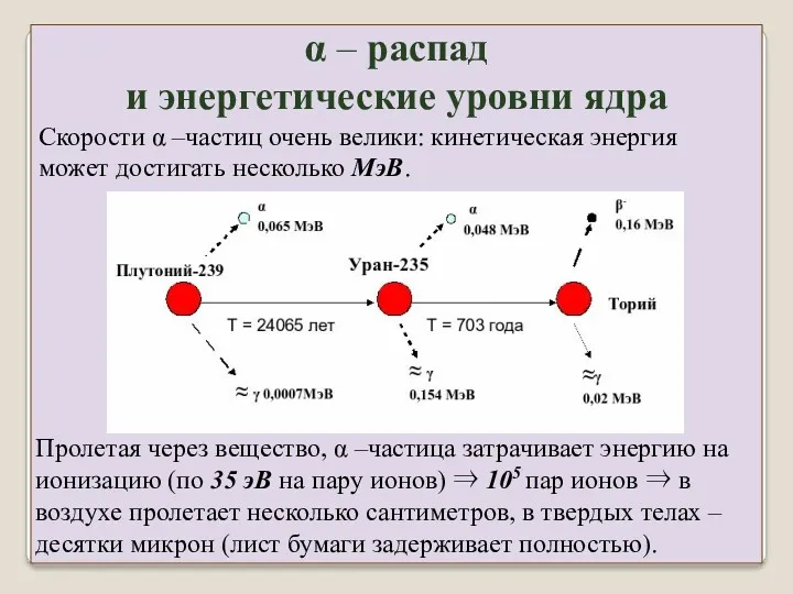 Пролетая через вещество, α –частица затрачивает энергию на ионизацию (по