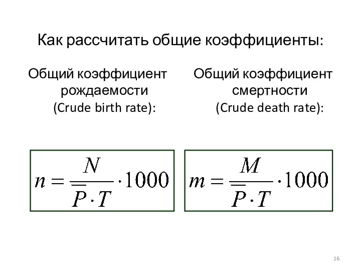 Как рассчитать общие коэффициенты: Общий коэффициент рождаемости (Crude birth rate): Общий коэффициент смертности (Crude death rate):