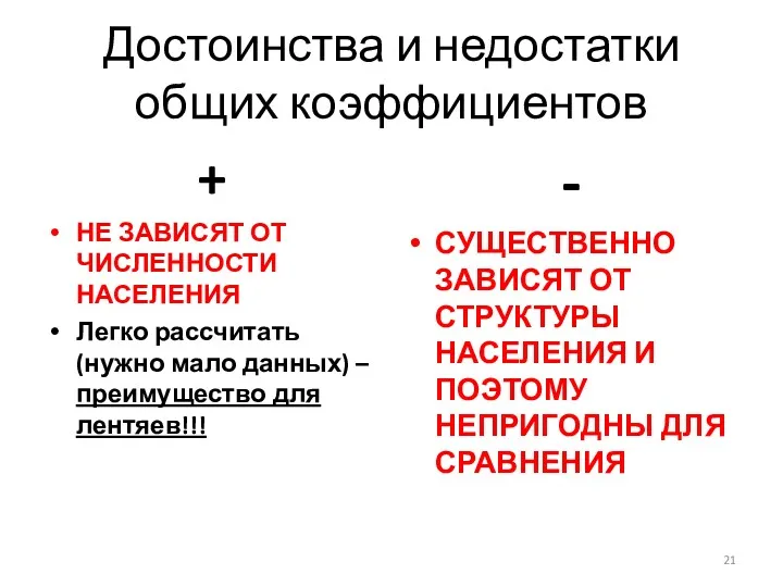 Достоинства и недостатки общих коэффициентов + НЕ ЗАВИСЯТ ОТ ЧИСЛЕННОСТИ